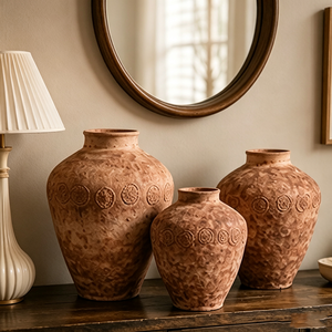 Ensemble de vases <span class=keywords><strong>en</strong></span> céramique à motif circulaire <span class=keywords><strong>en</strong></span> relief terracotta, style rustique Wabi Sabi, décoration de table de chevet <span class=keywords><strong>en</strong></span> bois - Product Image 2
