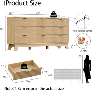 <span class=keywords><strong>Commode</strong></span> 9 tiroirs en <span class=keywords><strong>bois</strong></span> clair avec façade cannelée | Meuble de rangement minimaliste moderne pour chambre et salon - Product Image 2