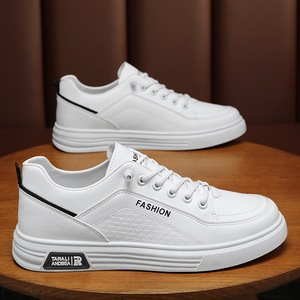 Men's Summer Casual All-Match White <b>Sneakers</b> Breathable Low-Top <b>Leather</b> Shoes Lace-Up Closure Solid Trendy Design Soft Mesh - Product Image 2