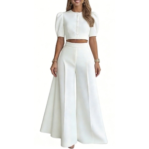 Women's Puff Sleeve Crop Top & Wide Leg <b>Pants</b> Set Button-<b>Down</b> 2-Piece Formal Outfit Fashion - Product Image 3