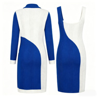 Ensemble tricoté deux pièces jacquard color block pour femme grande taille automne-hiver : cardigan long à col blazer et robe tricotée à col carré