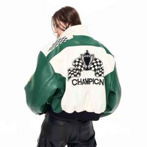 Jaket Kulit Balap Motor Pria Berlapis Tebal dengan Bordir Logo dan Patchwork Streetwear - Product Image 3