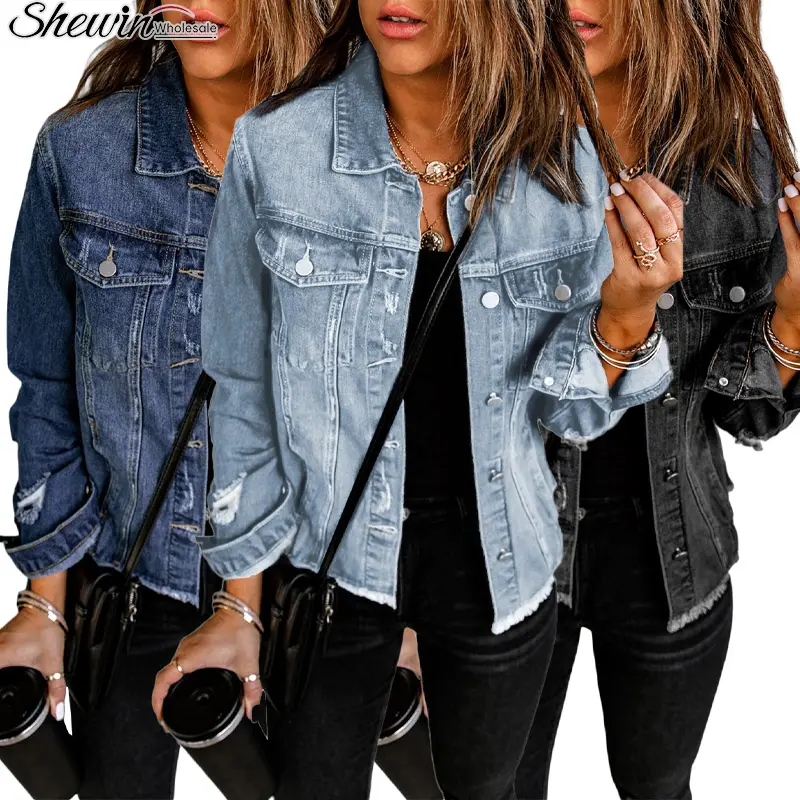 Wholesale Fashion Casual Ripped Distressed Vintage Washed Women Jean Denim Jackets
