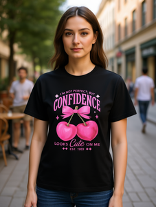 T-shirt da donna nera con stampa ciliegie, vestibilità ampia, girocollo, casual, manica corta, 100% cotone jersey, tutte le stagioni - Product Image 2