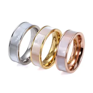 Anéis dourados de aço inoxidável femininos, 18k, joias de prata, ouro, rosa, cor natural, concha, anéis para mulheres