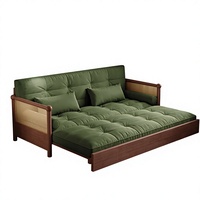 Sofá Cama de Madera Maciza con Tejido de Ratán Estilo Francés Vintage, Plegable, Extensible, Compacto, para Salas de Estar Pequeñas y Estudios
