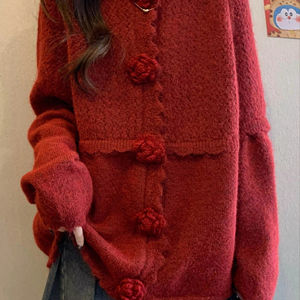 Nouvelle Collection 2026 – Cardigan en Maille <span class=keywords><strong>Camélia</strong></span> Rouge pour Femme – Veste Polyvalente Automne-Hiver - Product Image 1