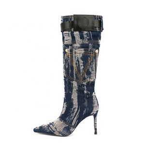 Large Size 47 Denim Women Knee High Boots Thin Heel Embroidered Belt Buckle <b>Long</b> Booties Fashion Women's Shoes - Product Image 4
