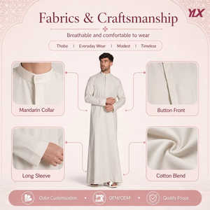 Customized <strong>Men</strong> <strong>Thobe</strong> Jubbah Light Beige Stand Collar Long Sleeve Robe Muslim Clothing OEM Custom Size - Product Image 3