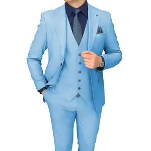 New Design Light Blue Men's Wedding Groom Tuxedo Suits Slim Fit 3 Pieces Set Jacket+Vest+Pants Man Outwear Suits