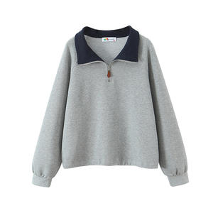 Sudadera Runqi Gris con Bloques de Color y Manga Raglán, Top Casual de Talla Grande para Mujer con Cremallera, de Algodón Tejido de Manga Larga - Product Image 1