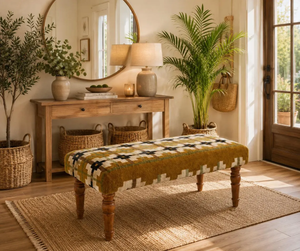 Banco de Yute Amarillo Mostaza, Tejido a Mano, Tapizado en Madera, Estilo Boho Kilim, Asiento Decorativo para Dormitorio Rústico, Entrada, Decoración del Hogar - Product Image 6