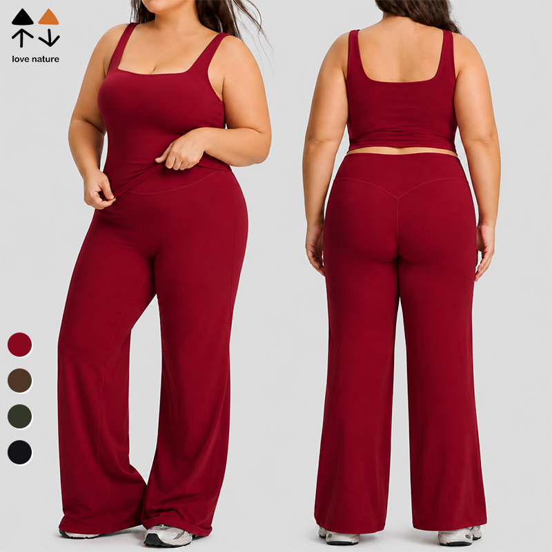 Custom Plus Size Curvy Women Yoga Outfit High Elastic Breathable Quick Dry Tank Top Straight Pants Set Outdoor Gym Activewear