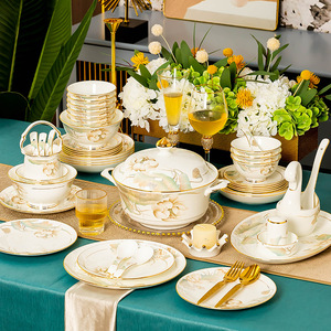 Vaisselle en céramique Jingdezhen, ensemble de plats en porcelaine fine, bol et assiette de style chinois, luxe léger, avec baguettes - Product Image 3