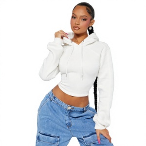 Sweat-shirt à capuche court blanc personnalisé pour femme, manches longues, couleur unie, tricoté, décontracté, pour l'automne - Product Image 1