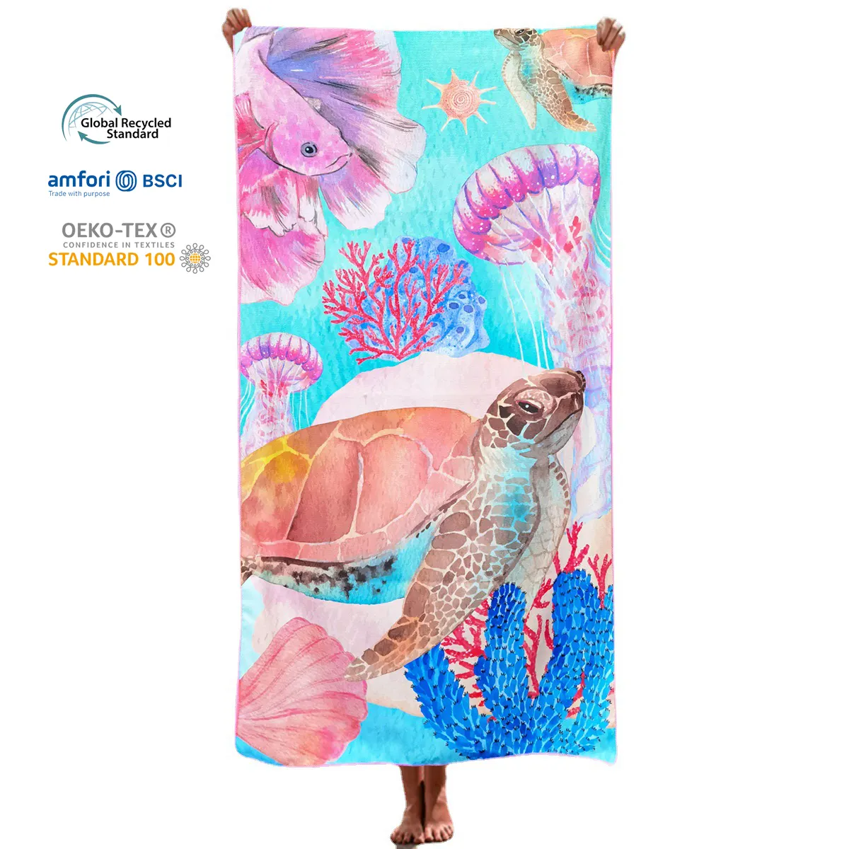 Serviette de Plage en Microfibre Imprimé Sublimation Extra Large Impression Personnalisée Tortue d'Océan Couleur Rose Serviettes de Plage en Coton avec Sac Serviette