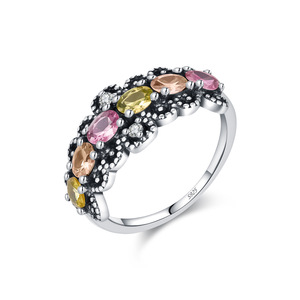 S925 Silver Vintage Cluster <b>Ring</b> With Pink Yellow <b>Crystal</b> Rhinestones Pave Setting Women's Everyday Wear - Product Image 1