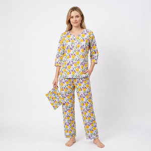 Ensemble de pyjama d'été pour femme en coton 100% avec imprimé numérique floral indien, taille élastique, vêtements de nuit doux, demoiselle d'honneur, manches longues, devant ouvert - Product Image 1