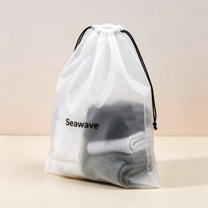 Sac à cordon en PE givré blanc avec logo personnalisé, pochette de rangement en plastique transparente pour vêtements, cosmétiques, emballage de voyage - Product Image 4