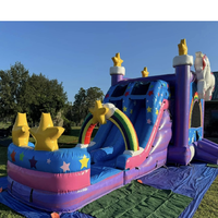 Château gonflable licorne 15x15 pieds avec blocs de construction, dinosaures, mur d'escalade, piscine, toboggan et souffleur