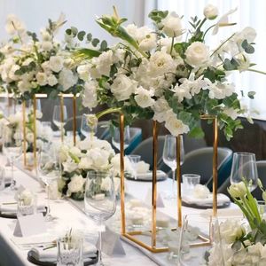 Vase à fleurs rectangulaire en métal doré D-FS002, support à fleurs pour mariage, centre de table pour fête de mariage, chemin de table LED - Product Image 4