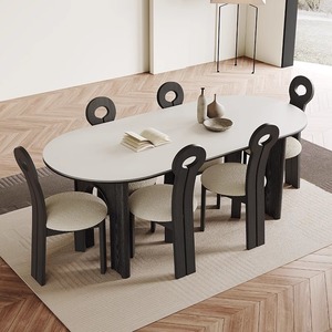 Table à manger rectangulaire en bois massif, plateau en pierre noire, design de luxe, usage domestique, haut de gamme - Product Image 3