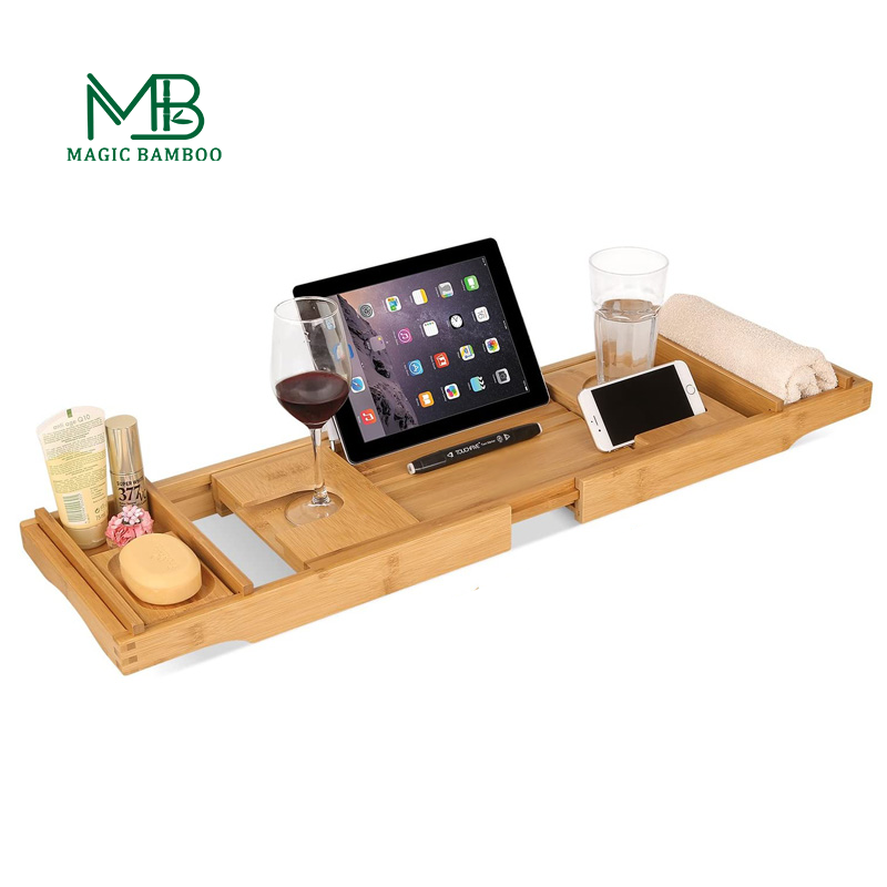 Оптовая продажа, Натуральный Бамбуковый Регулируемый Поднос для ванны с выдвижными сторонами