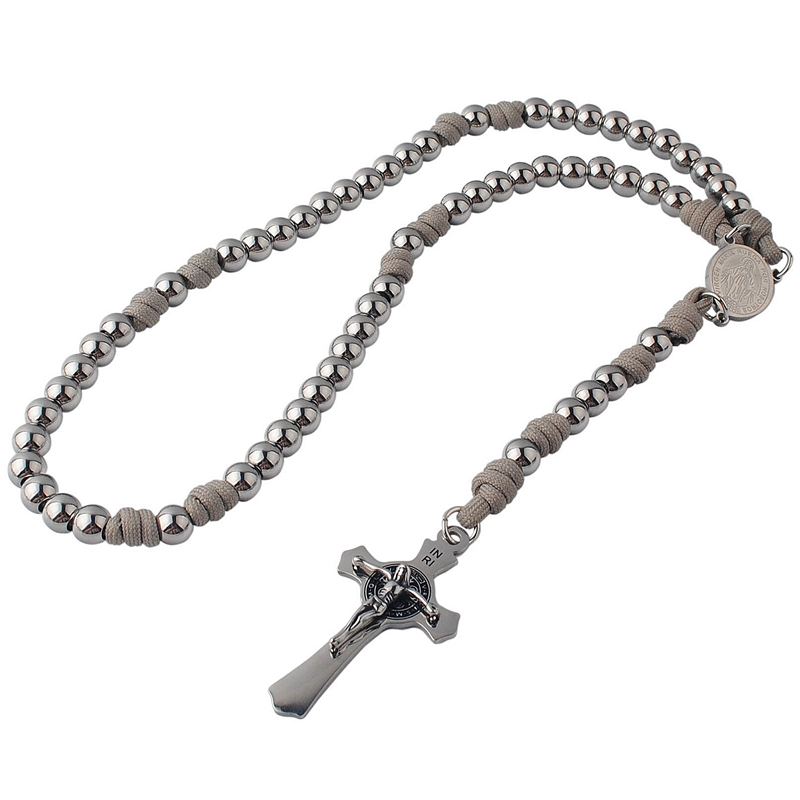 Stainless Steel 8mm Beads Paracord Rosary for Men - Silver Virgin