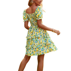 Vestido Corto Informal de Verano con Estampado Floral, Cintura Imperio, Hombros Descubiertos, Estilo Línea A, Hecho a Mano - Product Image 5