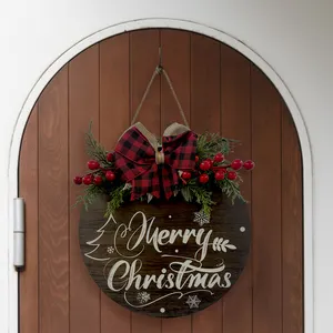 Farmhouse dekoratif kotak-kotak bermotif, lucu Klasik Festival liburan Natal tanda selamat datang dekorasi pintu dinding klasik alami dengan busur
