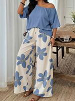 Ensemble décontracté 2 pièces pour femme : haut à col rond et manches courtes, épaules dénudées, associé à un pantalon large à imprimé floral, tenue confortable et ample