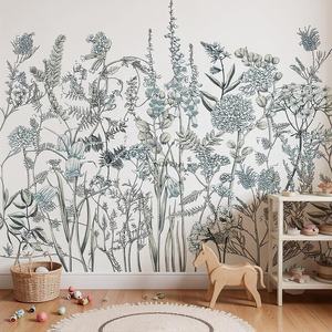 Papier peint mural personnalisé de fleurs et feuilles botaniques douces et naturelles Décoration de chambre d'enfants à la maison - Product Image 1