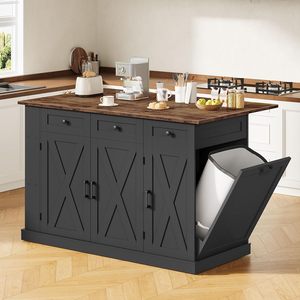 Carrito de Cocina Plegable y Móvil Estilo Rústico con Almacenamiento, Contenedor de Basura, Gabinete, 2 <span class=keywords><strong>Cajones</strong></span>, Estante para Especias, Ajustable, Negro - Product Image 1