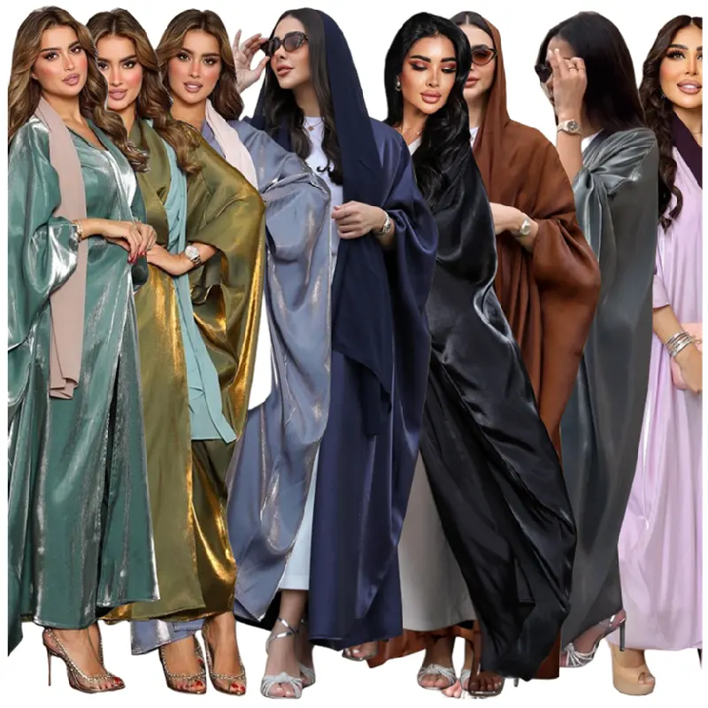 MQ049 moda Oriente Medio musulmán Abaya mujeres musulmán vestido brillante seda satén sólido murciélago mangas Dubai bata Kaftan vestidos