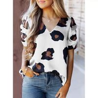 Blusa Elegante para Mujer con Cuello en V y Mangas Abullonadas, Estampado de Leopardo en Contraste, Satén Suave, Holgada, Transpirable, Combinable con Todo, Estilo Casual