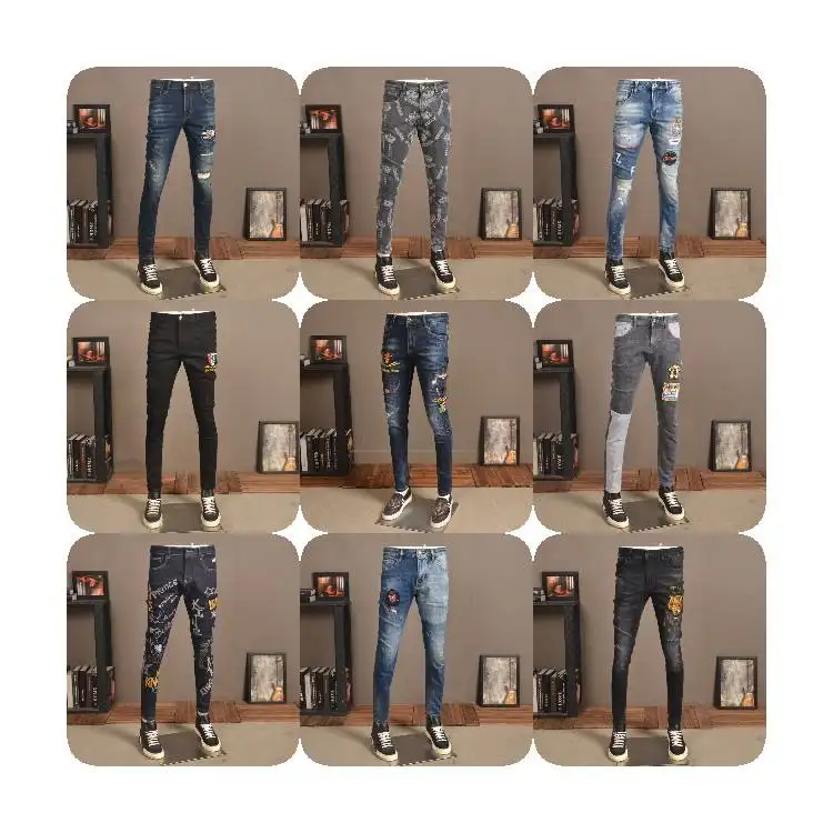 Novo estilo ltaly dos homens angustiado destruído calças arte patches skinny motociclista branco cslim calças homens denim jeans