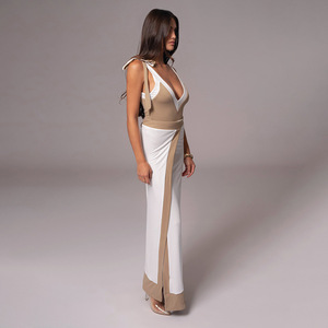 Ensemble robe de soirée décontractée avec haut camisole à col en V, jupe longue fendue et détails à nouer, style color block - Product Image 3