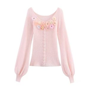 Front Flower Long Sleeve Solid Color Single Breasted Casual Fashion Women's <b>Cardigan</b> <b>Sweater</b> - Product Image 2