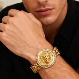 Bracelet en acier inoxydable, le plus tendance, double chaîne, tête de lion, en acier inoxydable doré, lourd, style gothique, maillons cubains - Product Image 4