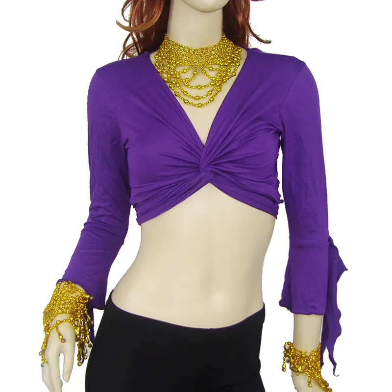 Wholesale High Quality Costume Performance Girls Mercerized Cotton Roll Leaf Bell Sleeve Belly Dance Top