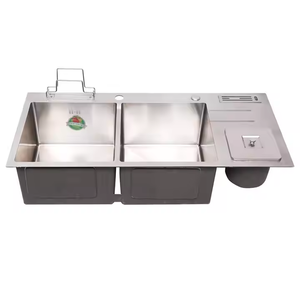 Évier de cuisine à <span class=keywords><strong>double</strong></span> cuvette <span class=keywords><strong>en</strong></span> acier inoxydable fabriqué à la main de conception moderne <span class=keywords><strong>en</strong></span> Chine avec couteau, planche à découper et poubelle - Product Image 1