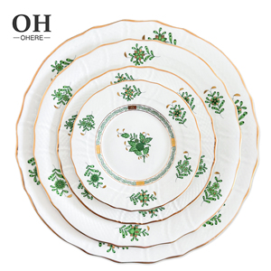Juego de platos de cena Ohere Luxury Gold Rim Bone China con calcomanía de flor verde <span class=keywords><strong>vajilla</strong></span> de boda al por mayor - Product Image 1