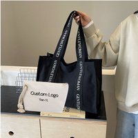 Tas Tote Kanvas Katun Custom Desain Fashion, Tas Selempang Pegangan Lebar Besar, Tas Belanja Desain Huruf dengan Kantong Penyimpanan di Dalam