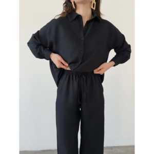 ชุดเสื้อและกางเกงเครปผู้หญิงสุดหรู 2 ชิ้น แขนยาว สีดำ ชุดลำลองสำหรับใส่ในชีวิตประจำวัน - Product Image 6