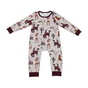 2023 western cowboy long sleeve zip romper wholesale baby boy country romper kids infant romper baby clothes