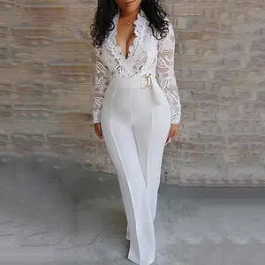 Dames Elegante Jumpsuit Lange Mouwen V-hals Solid Geborduurde Kant Rits Terug Overalls Hoge Taille Kantoor Wijde Pijpen Jumpsuit