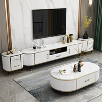 Prix d'usine : Ensemble de meubles de salon comprenant une table basse ronde en bois et métal avec plateau en ardoise et un meuble TV vert