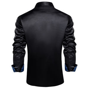 <span class=keywords><strong>Camicia</strong></span> da <span class=keywords><strong>uomo</strong></span> in <span class=keywords><strong>raso</strong></span> nero tinta unita con perline, colletto e polsini blu paisley, elegante casual, a maniche lunghe. - Product Image 2