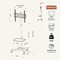 Rak TV LCD ODM 65 Inch yang Dapat Disesuaikan, Rak Bertingkat, Dudukan TV Mobile, Kapasitas 45kg, Vesa 400x400, Baja Hitam Cold Rolled, Bersertifikasi CE/RoHS