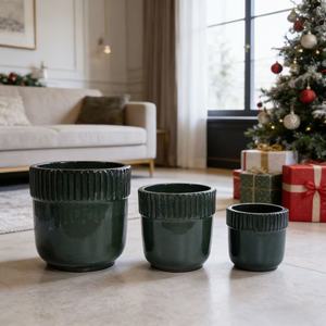 Set di 3 vasi in ceramica neri a coste da 15, 14 e 9 pollici per piante grasse, uso interno ed esterno, per davanzali - Product Image 1